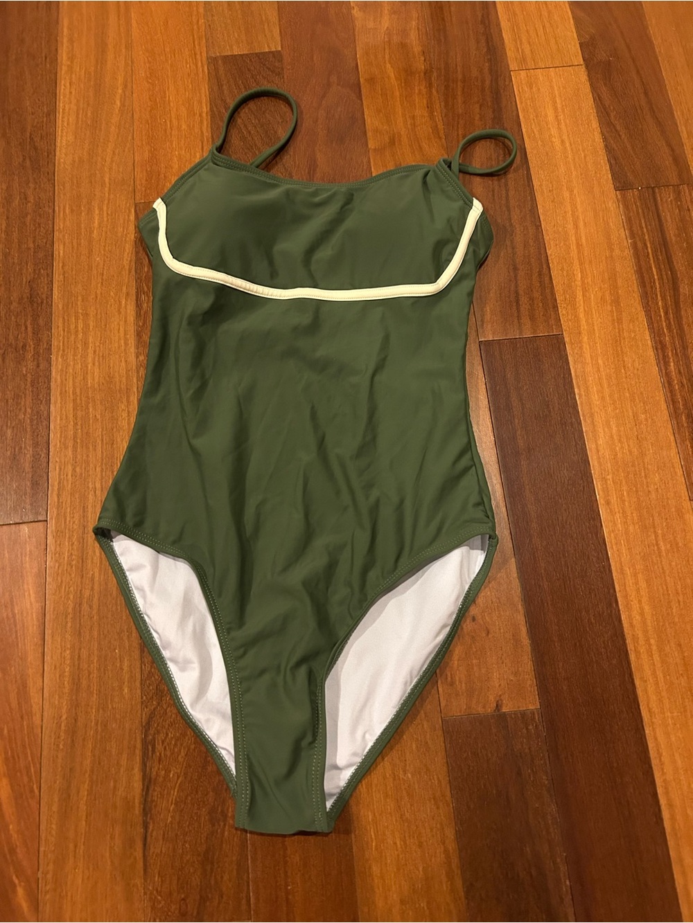 Olive Green One-Piece Swimsuit with Cream Trim size S